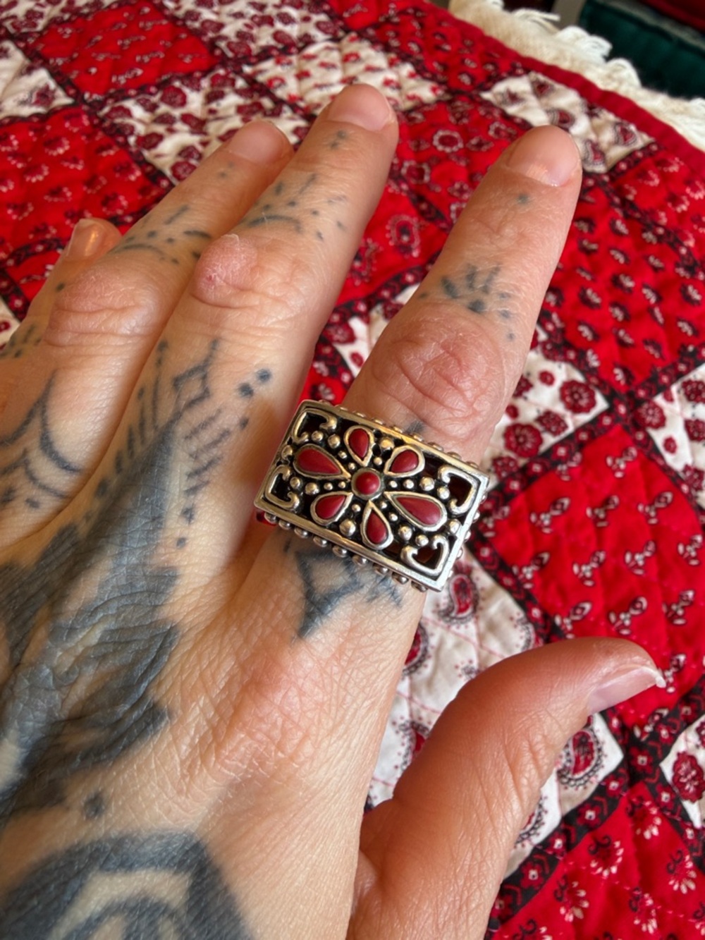 Vintage Genuine Silver Coral Ring Chunky